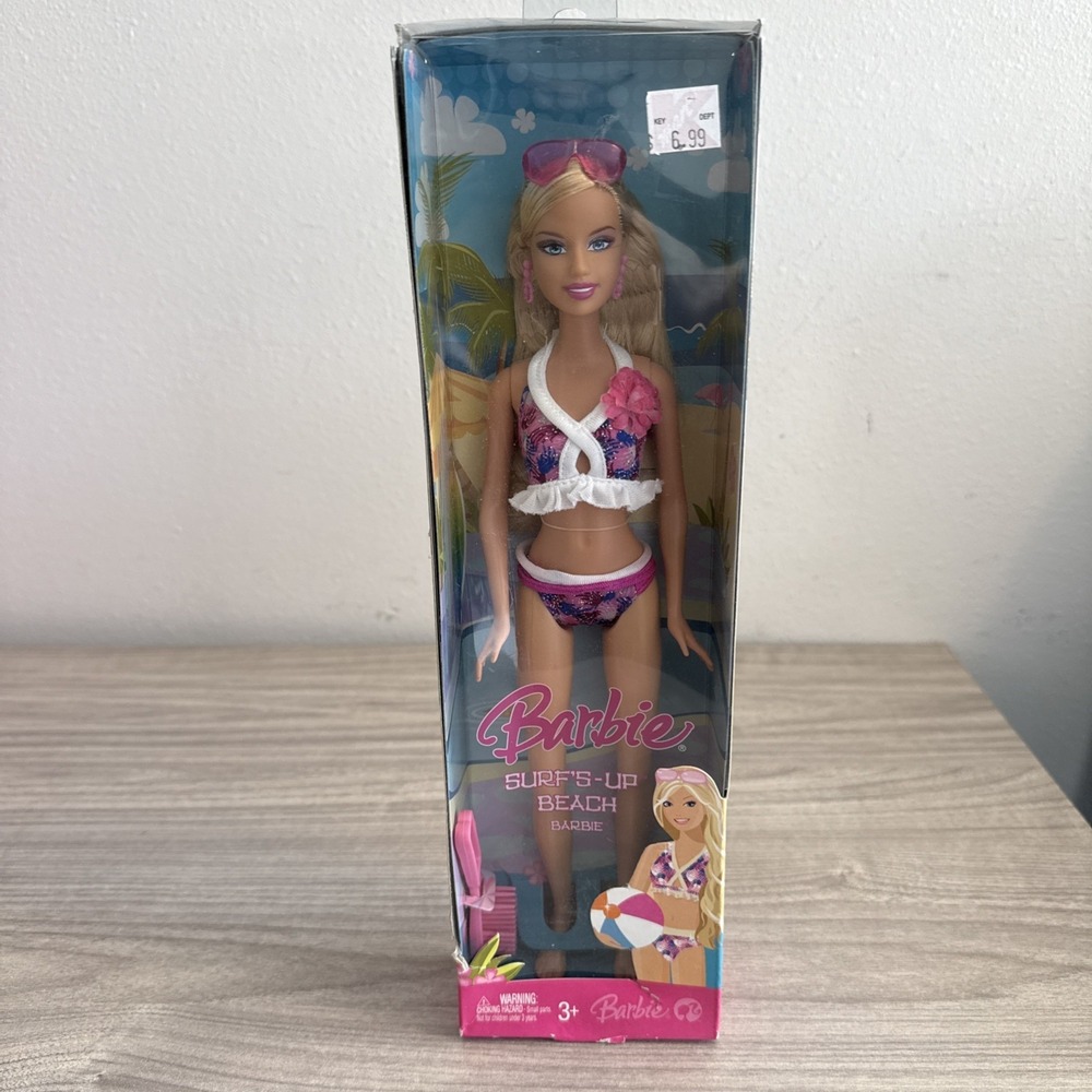 Barbie Surf's-Up Beach Barbie Doll Blonde Swimsuit 2007 Mattel L9544 NEW